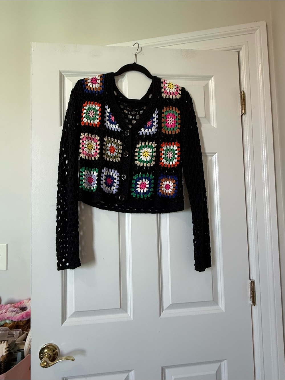 Black Crochet Granny Square Cardigan Sweater with Multicolor Accents